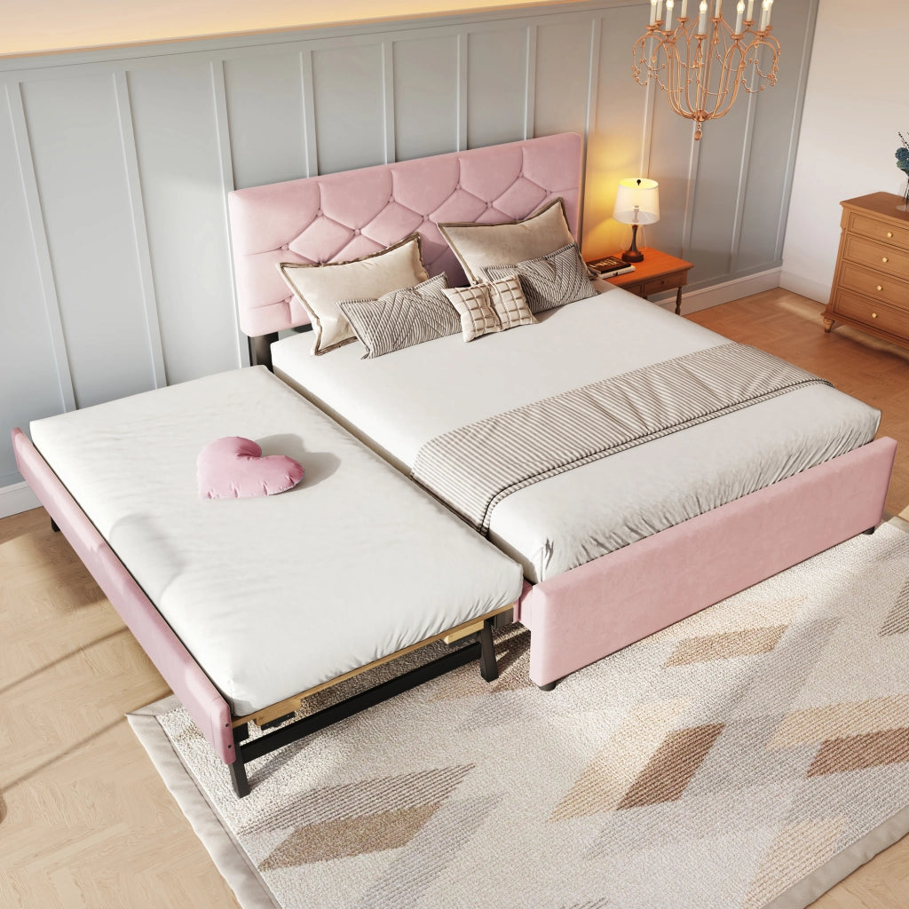 OKWISH Letto con Cassetti 140×200 cm, Letto Matrimoniale con Letto Estraibile, Testiera con Bottoni e Rete, senza Materasso, Velluto, Rosa
