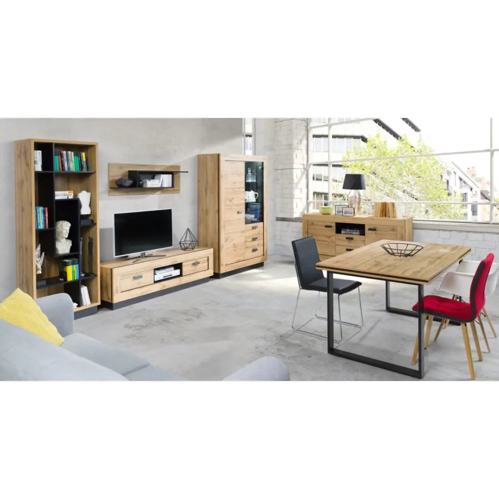 Mobile TV MALAGA - Colore rovere Wotan e nero - Stile industriale - 120 x 45 x 48 cm