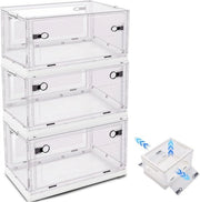 Set di 3 scatole di archiviazione con coperchio, grande 40 l x 3 scatole pieghevoli, pieghevole, scatola di archiviazione stabile con ruote, apertura 3 vie per accesso semplice, scatola di archiviazione in plastica stivabile, bianca
