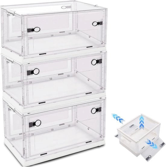 Set di 3 scatole di archiviazione con coperchio, grande 40 l x 3 scatole pieghevoli, pieghevole, scatola di archiviazione stabile con ruote, apertura 3 vie per accesso semplice, scatola di archiviazione in plastica stivabile, bianca