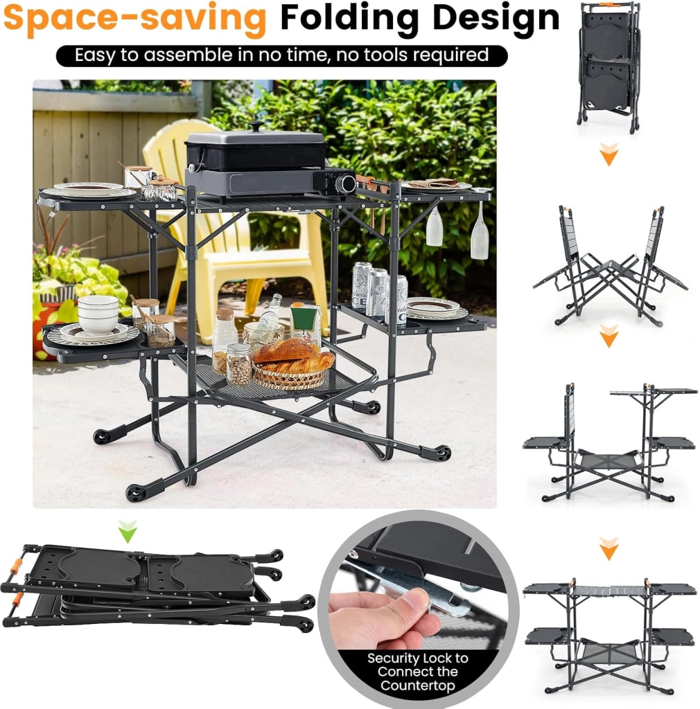 Tavolo da Giardino Pieghevole, Tavolo da Pranzo Portatile con 4 Tavoli Laterali, Mensola Portaoggetti, Borsa, Piano in Alluminio, Tavolo da Esterno Rettangolare da Picnic, BBQ, Patio, Nero