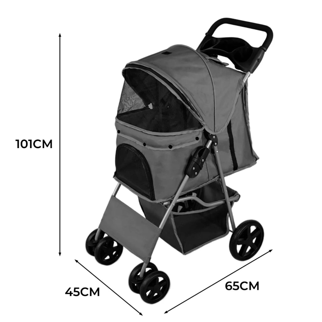 Passeggino per animali domestici Trasportino pieghevole Trolley da viaggio per gatti e cani Copertura anti-pioggia – Grigio