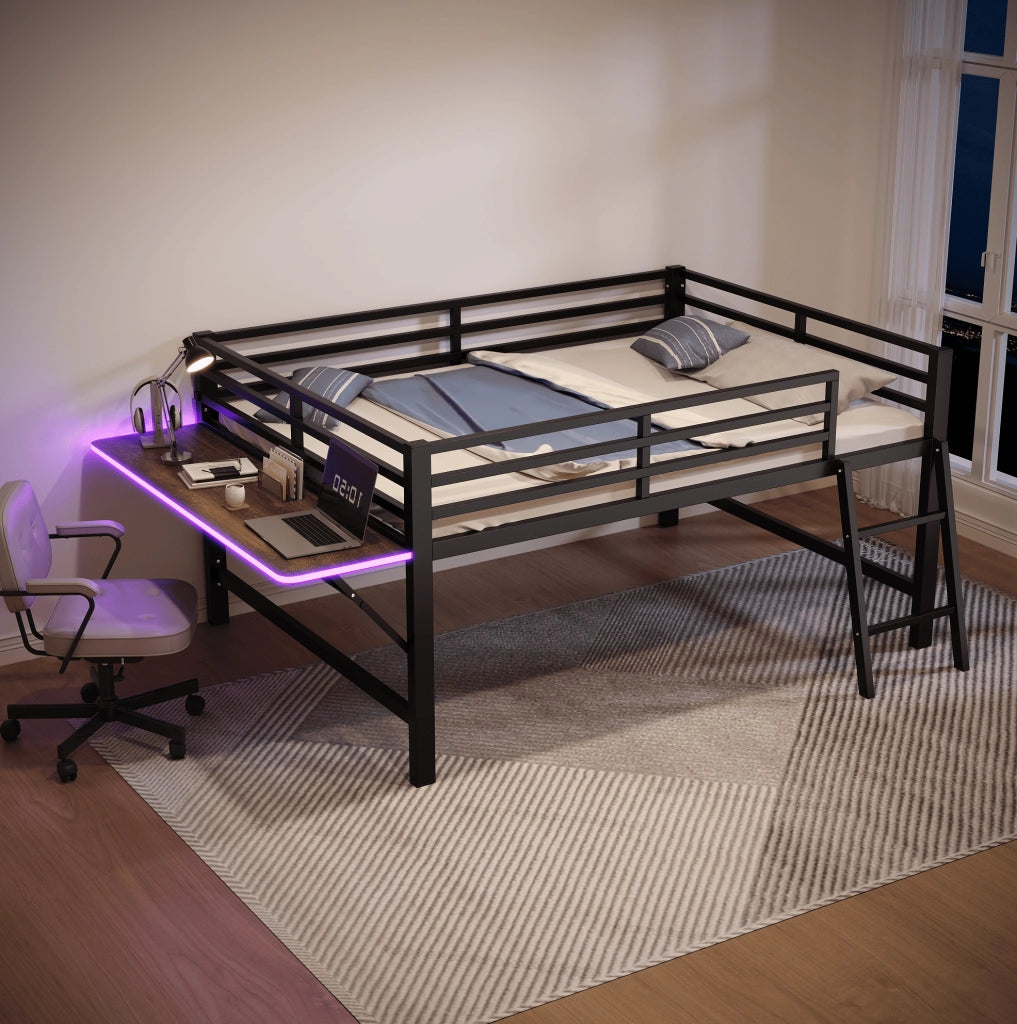 Letto in metallo 140 x 200 cm con scrivania pieghevole e luce LED, nero