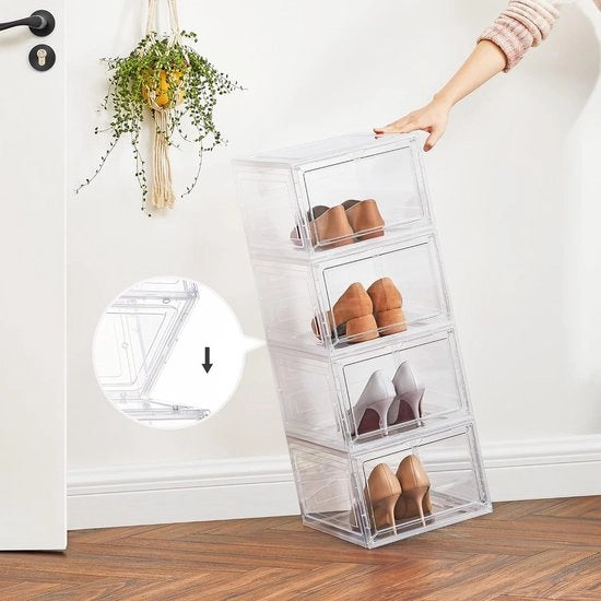 Sistema di conservazione per scarpe, cassa di plastica con porta, trasparente, box di plastica, set da 12, ripiegabile, facile da montare, 27 x 34,5 x 19 cm, per scarpe fino al numero 46, bianco LSP032W12V1