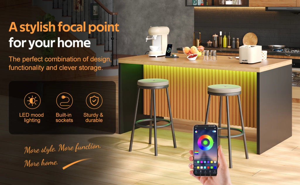 Mobile cucina con LED, 2 prese e 2 USB, piano da 40 mm, per cucina aperta, in MDF nero e naturale 155 × 80 × 90 cm