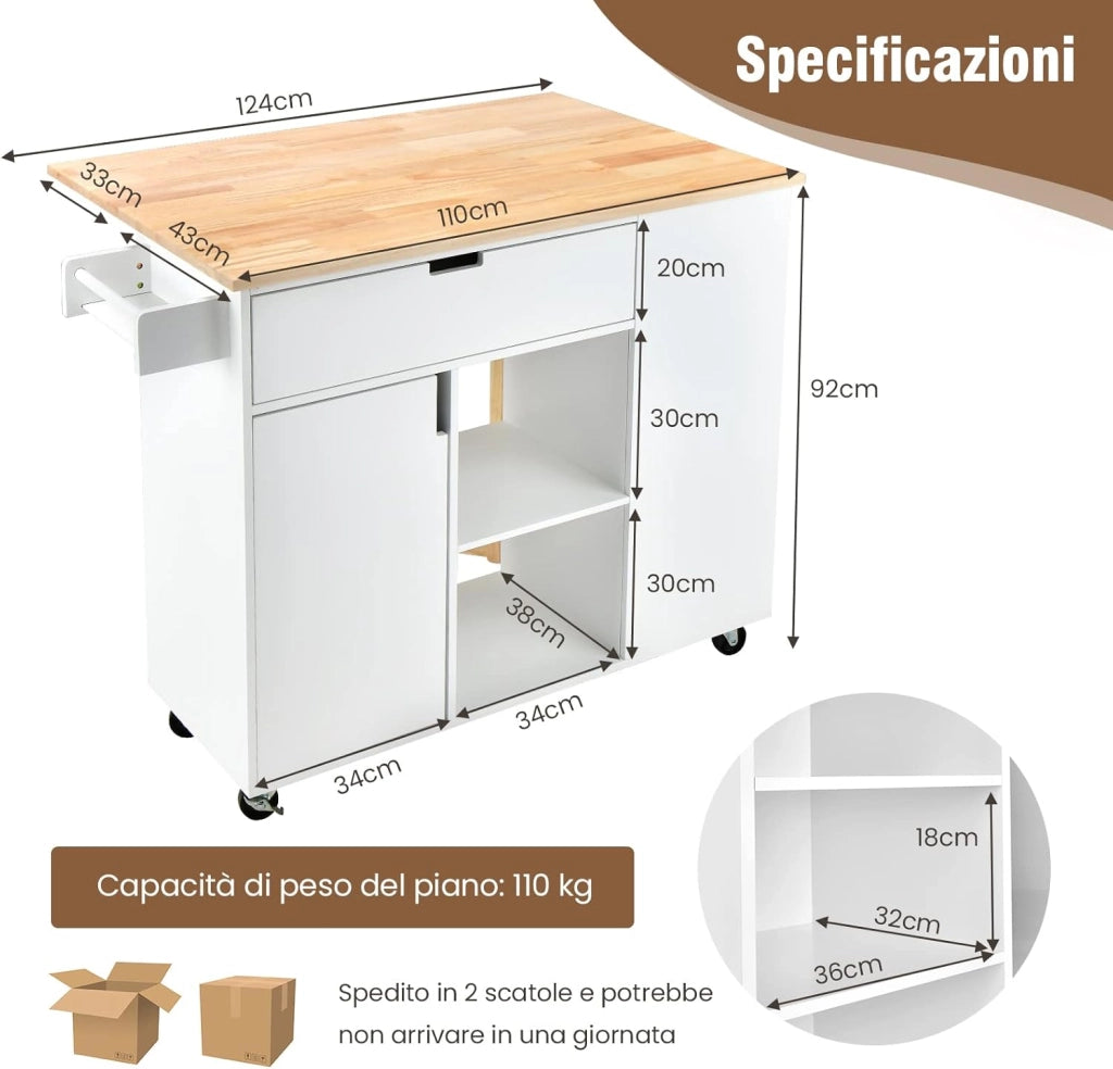 Carrello da Cucina con Cassetto, Carrello Servizio con Ripiano Aperto e Pieghevole, Carrello Multiuso con Ruote e Portasciugamani, 124x76x92 cm (Bianco)