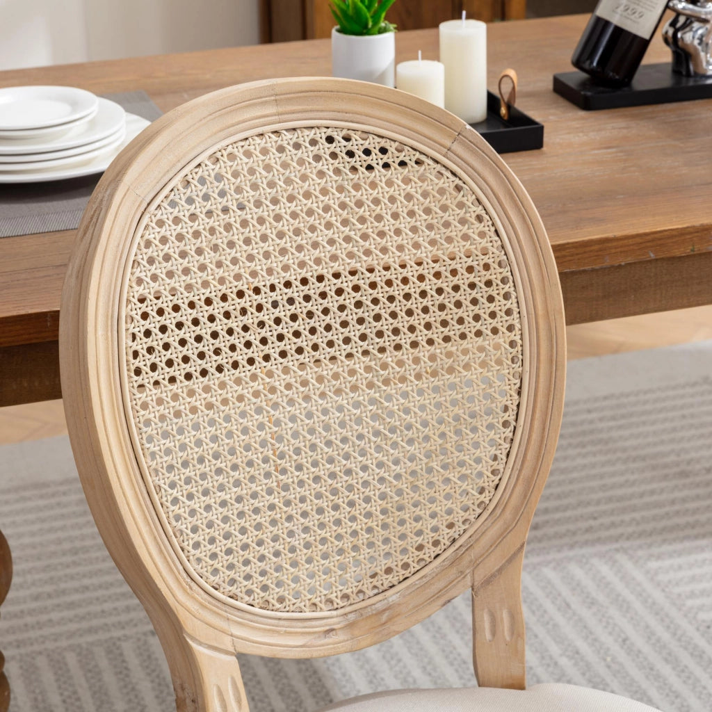 Sedie da Pranzo in Legno Massello e Rattan con Seduta in Lino ¨C MINIMAL ¨C Beige, Set 2 Pezzi