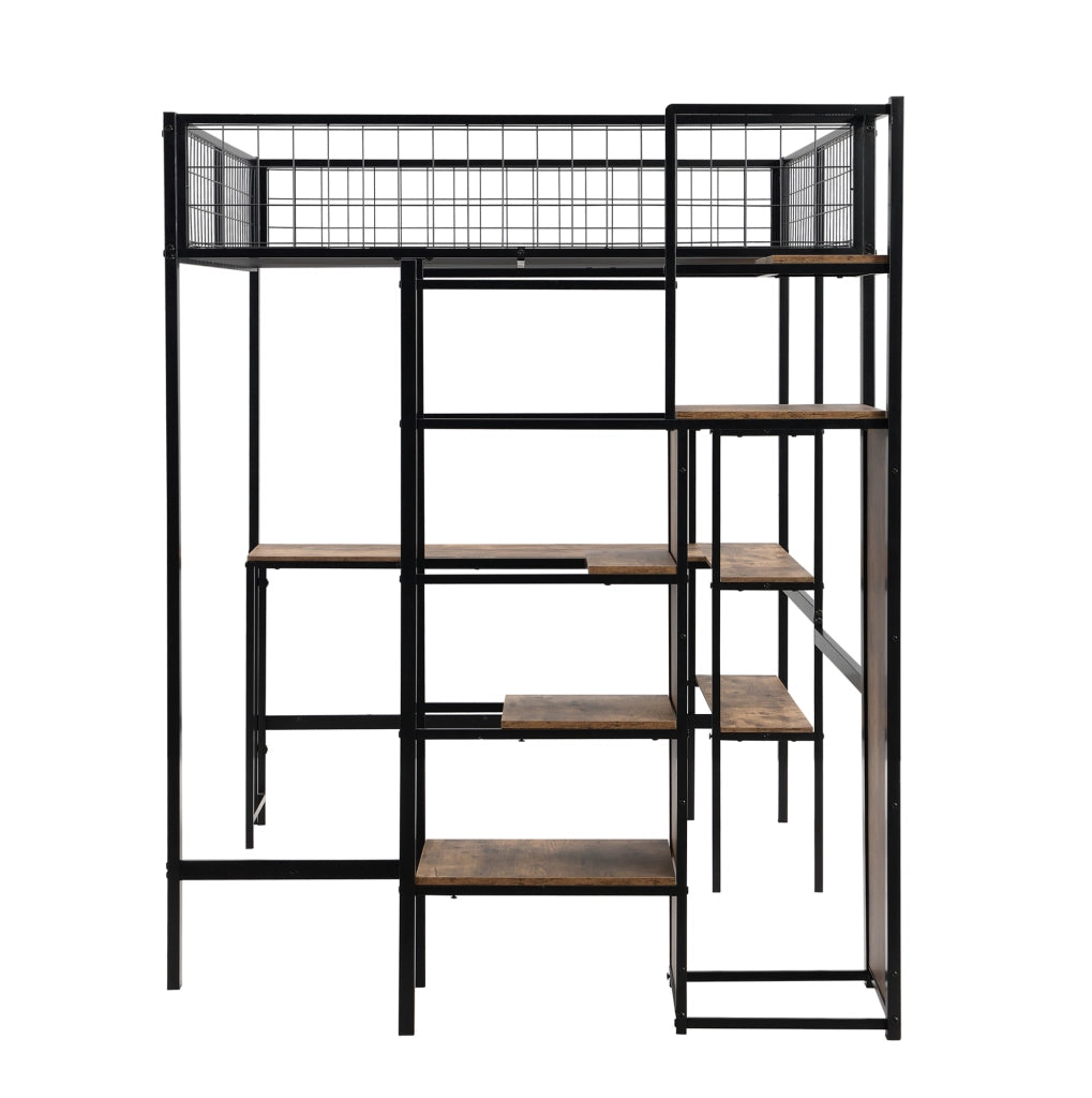 Letto a soppalco 140x200 cm; scrivania e armadio; MDF e metallo; nero e marrone (Senza materasso)