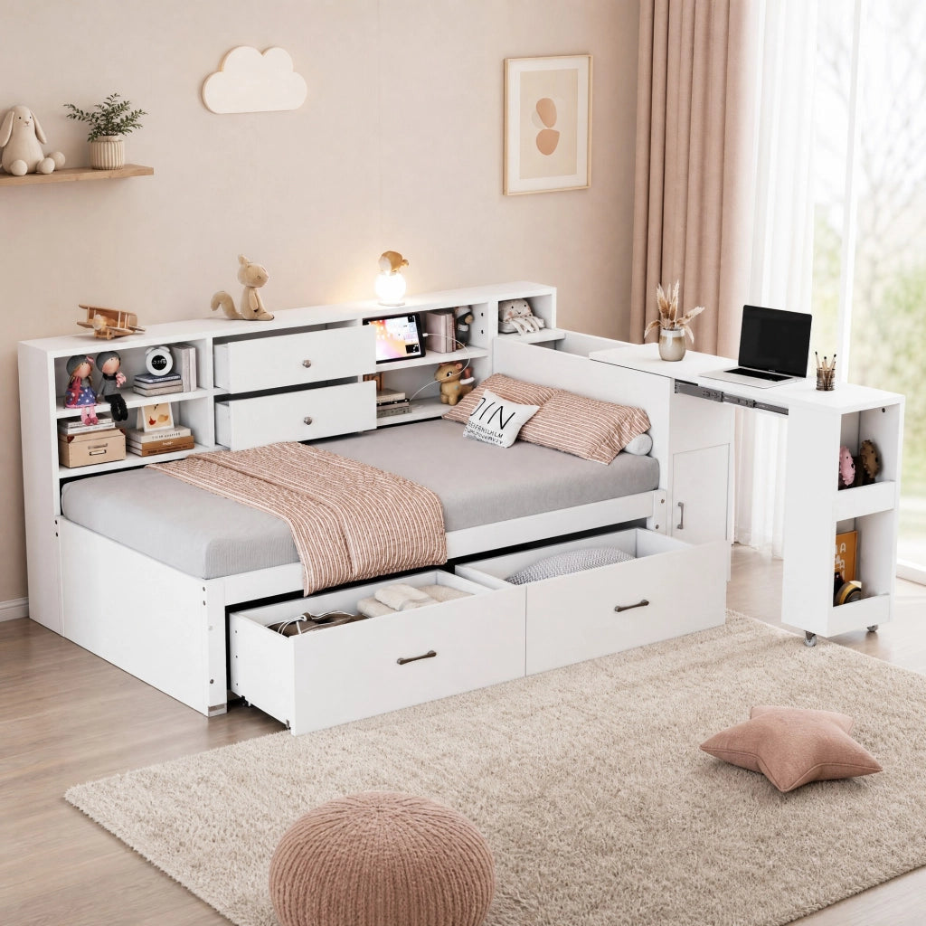 Letto singolo multifunzione 90x200 cm bianco con scrivania