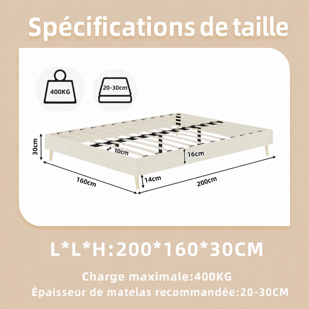 DESMIU Letto matrimoniale 160 × 200 cm senza materasso, in tessuto e metallo, beige, con design geometrico