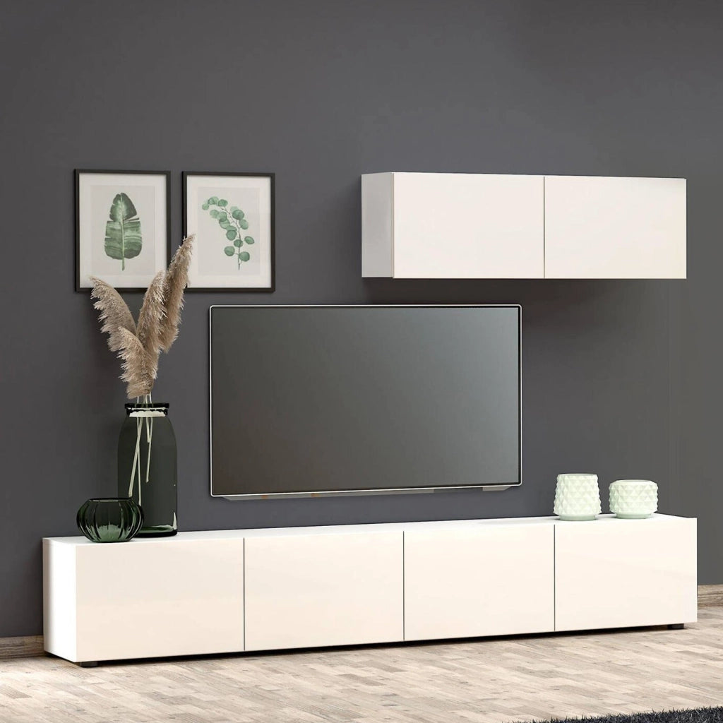 Mobile porta TV Vongfong, Credenza da soggiorno, Armadio basso per TV, Base parete attrezzata, Made in Italy, 225x38h39 cm, Bianco lucido