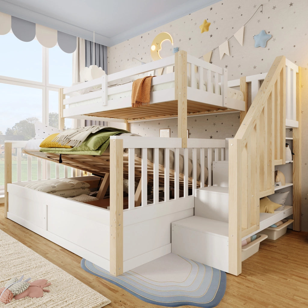 DESMIU Letto a castello 2 posti 90 × 200 cm e 140 × 200 cm con scala contenitore, vano idraulico, senza materasso