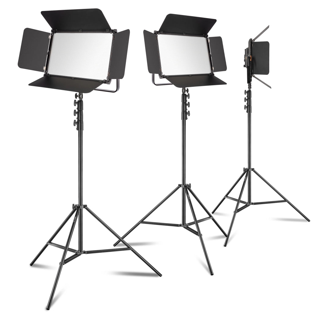 3x LED Niova 150-F Pro luce d'area incl. treppiede per lampada, luce d'area da 150 W con bicolore, luminosità della luce da studio dimmerabile, luce video con radiocomando