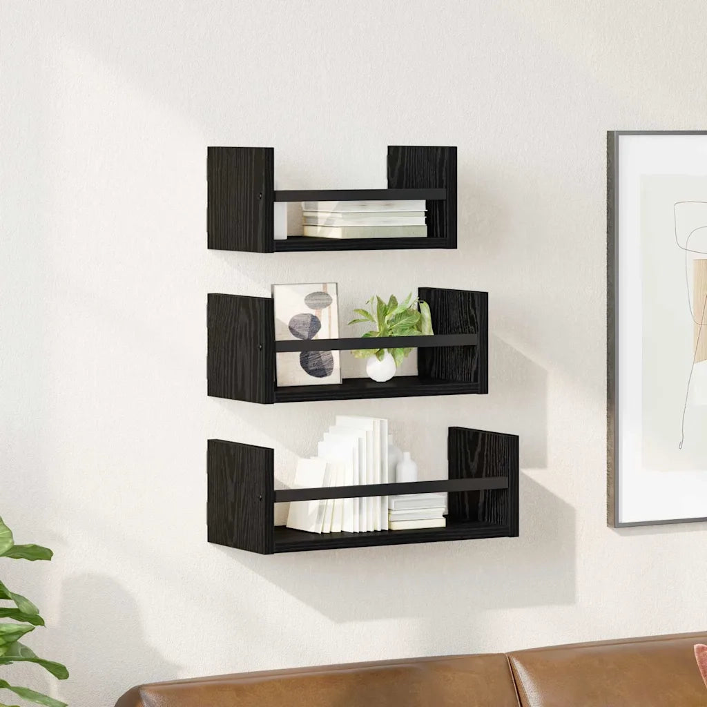 Set mensole da parete 3 pz Rovere Nero 40x16x14cm 882789