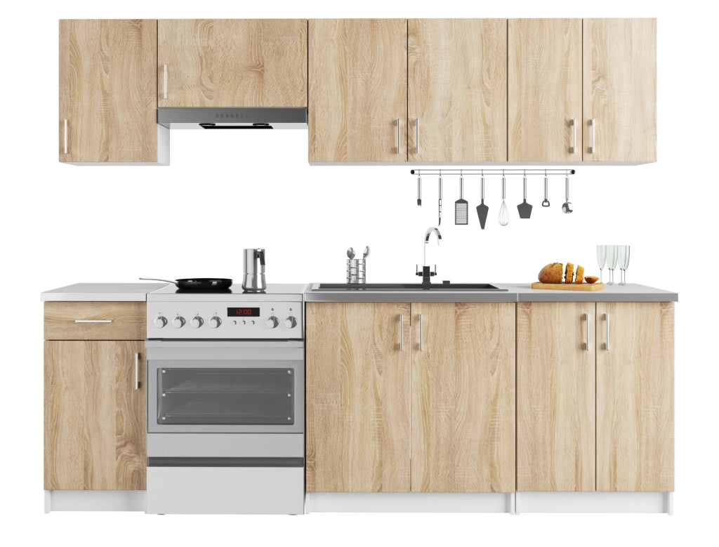 AKORD Set di Mobili da Cucina LIMA 240 cm Bianco 240 cm 11 ante 1 cassetto inserto frontale Sonoma Quercia 240x44,5x203 cm