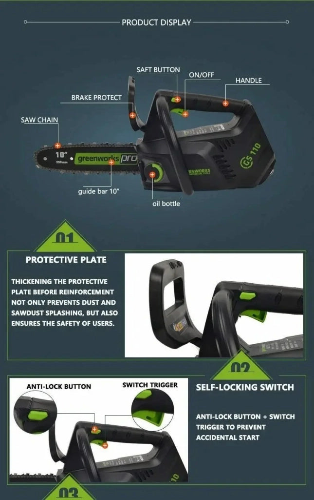 Motosega senza fili GS110 40V 1000W motore senza spazzole catena da 10 pollici velocità 15 m/s 58 denti colore nero