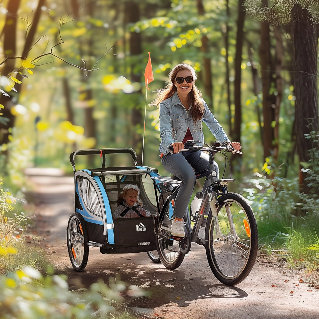 Rimorchio Bicicletta per Bambini e Passeggino 2 in 1 con Cintura Tasche e Bandierina Blu