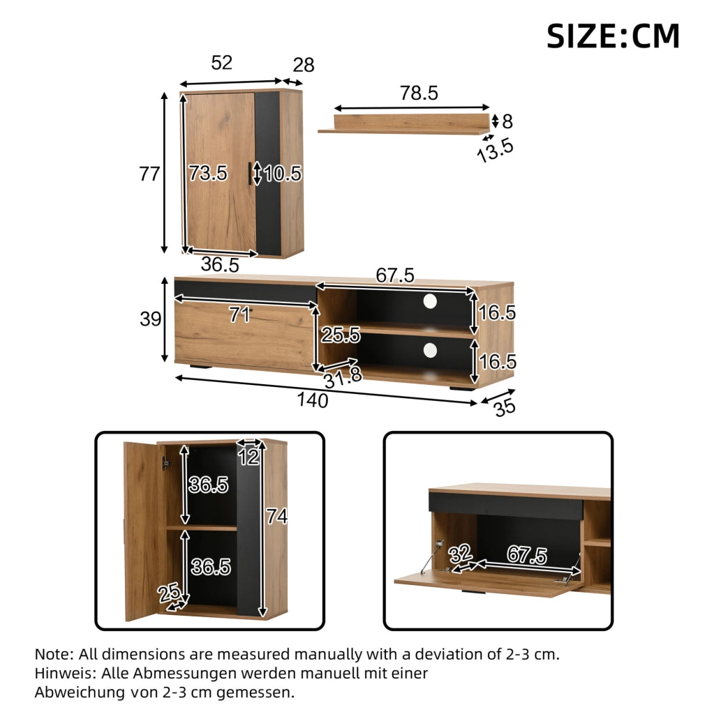 Set mobile TV da parete 3 pezzi 140 cm in truciolare effetto legno e nero