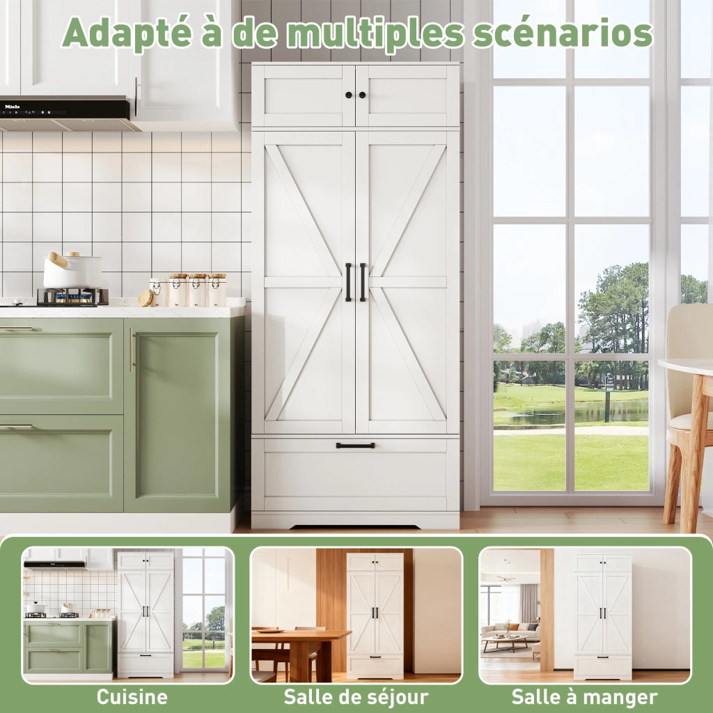 Dispensa alta con ripiani regolabili, 1 cassetto, 7 vani per bottiglie, per cucina e soggiorno, bianco 80 × 40 × 180 cm