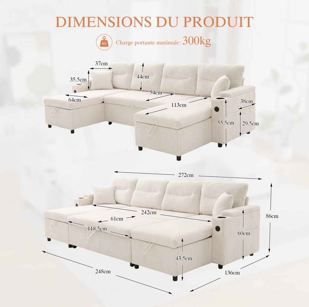 Divano 4 posti con due chaise longue; contenitore; portabicchieri e USB-C; 272x136x86 cm; beige