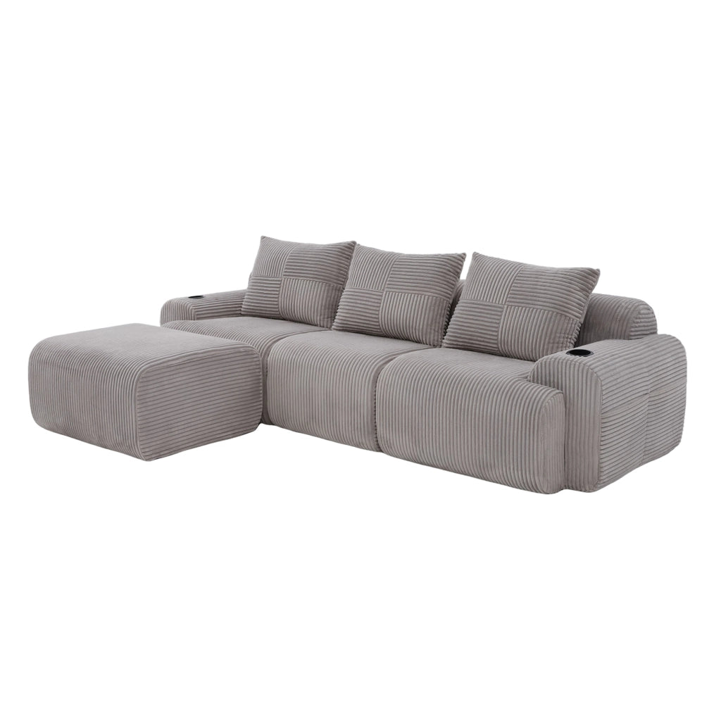 Divano modulare 268x174x80 cm con portabicchieri e tasca laterale in corduroy grigio chiaro