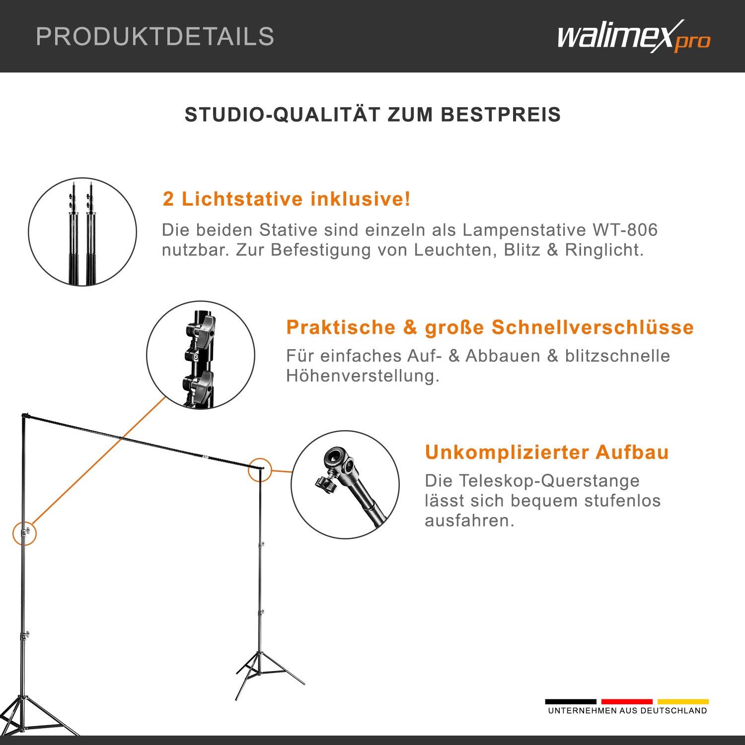 Telescopic Background System L 120-307 cm - sistema di sfondo fotografico stabile per studio e mobile I per fotografia, video e green screen I per tele di carta e tessuto