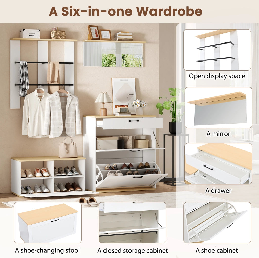 Set guardaroba modulare bianco e legno naturale con scarpiera, specchio e panca