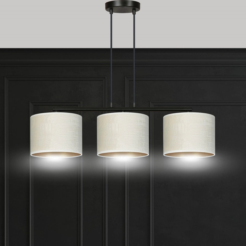 Lampada a sospensione Hilde in acciaio nero con paralumi bianchi
