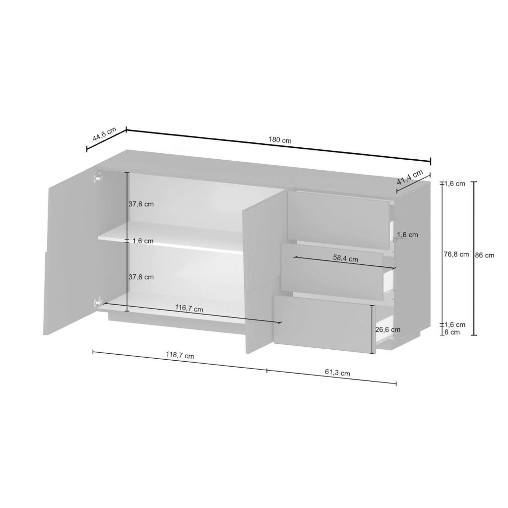 Credenza Avelignese, Buffet da soggiorno, Madia da salotto con 2 ante e 3 cassetti, 180x44h86 cm, Antracite