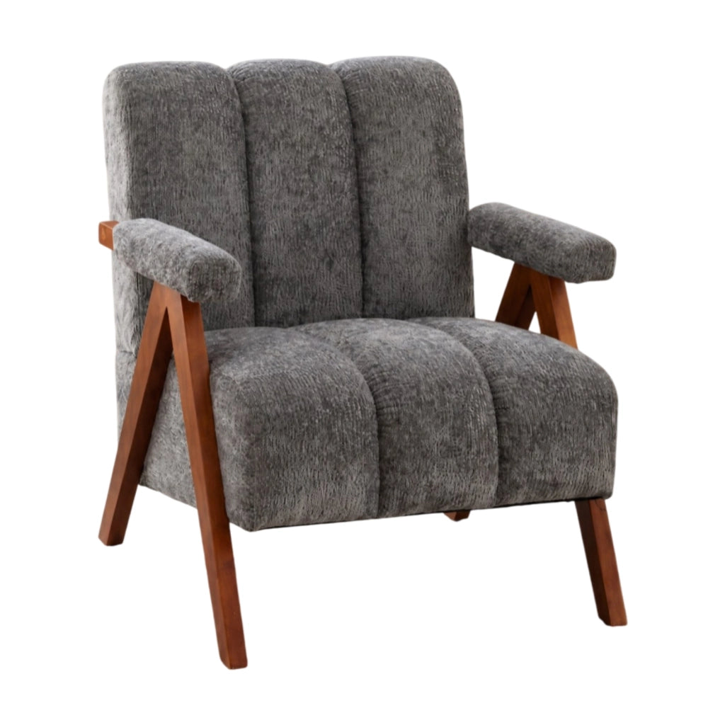 Poltrona in bouclé con struttura in legno massello di quercia, stile moderno, gialla