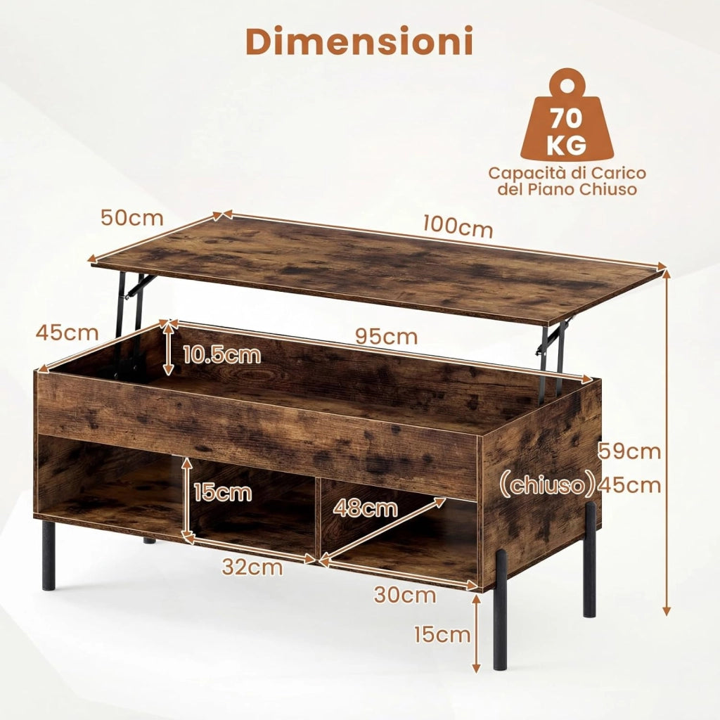 Tavolino da Caffè Sollevabile, Tavolino da Salotto con Piano Regolabile in Altezza, Scomparti e Piedini Antiscivolo, Design Moderno, per Soggiorno, Camera da Letto, Studio (Marrone)