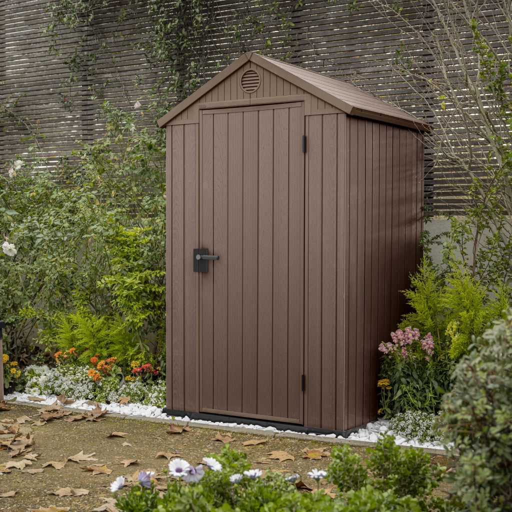 Darwin 4x4 -  Casetta da Giardino 125,8x205x117 cm 1 Anta per deposito attrezzi finitura effetto legno Evotech+ in Resina Marrone