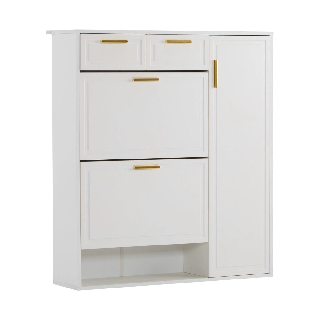 Scarpiera bianca 95x24x107 cm con ripiani regolabili; cassetti e maniglie in metallo