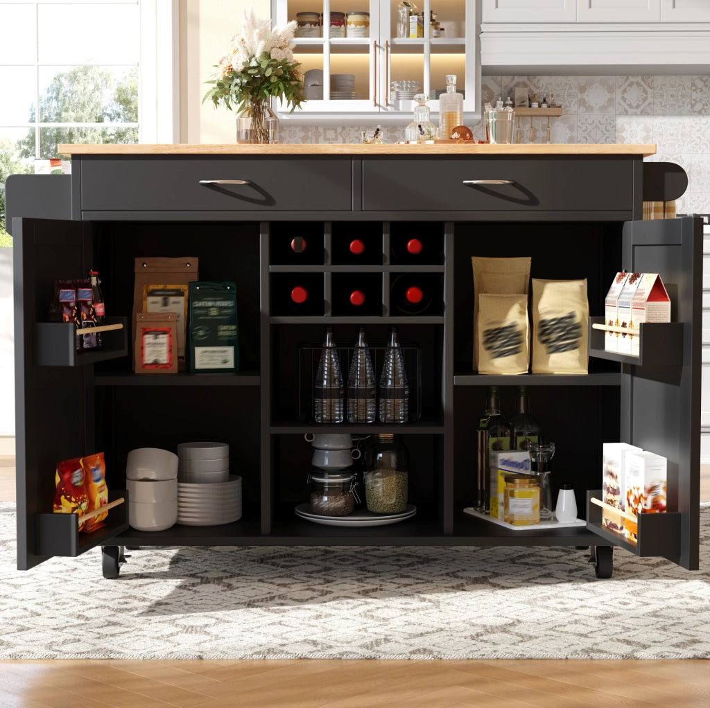 Isola da cucina mobile con portabottiglie, nera, 102×45×92 cm