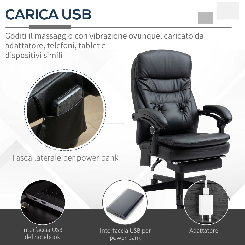 Sedia da Ufficio Massaggiante in Similpelle con USB ¨C zephmum ¨C Nero 64x69x107-115cm