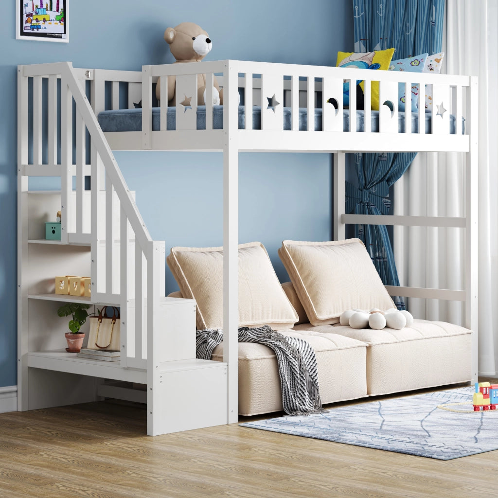 OKWISH Letto a Soppalco 90×200 cm, Letto Singolo con Scala, Mensole e Sponda, senza Materasso, in Legno Massello, Bianco