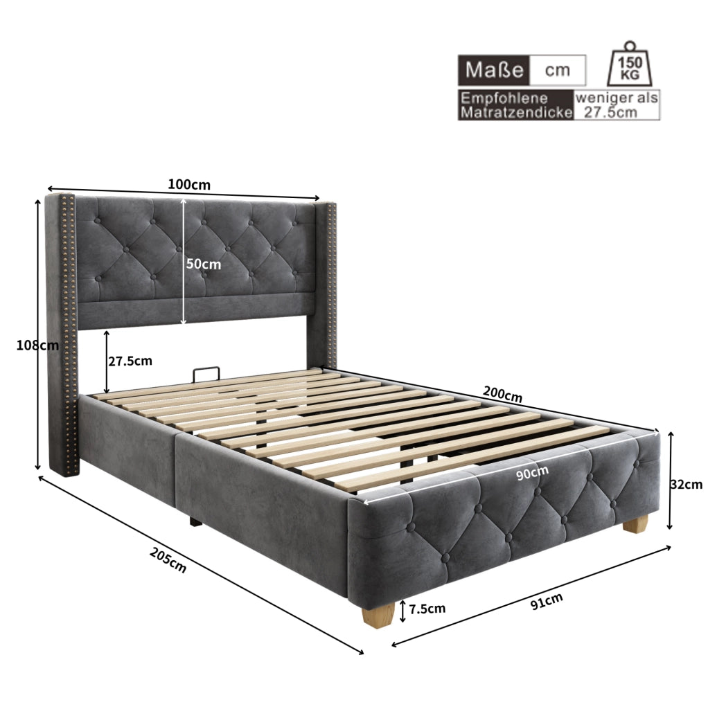 Letto imbottito in velluto grigio 90x200 cm con rete a doghe e testiera