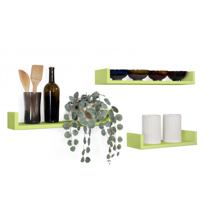 Set di 3 Mensole da Muro, Mensole Muro Design, Mensola da Parete, Verde, 60x8 p15,5 cm, 50x8 p15,5 cm e 40x8 p15,5 cm - Calamita