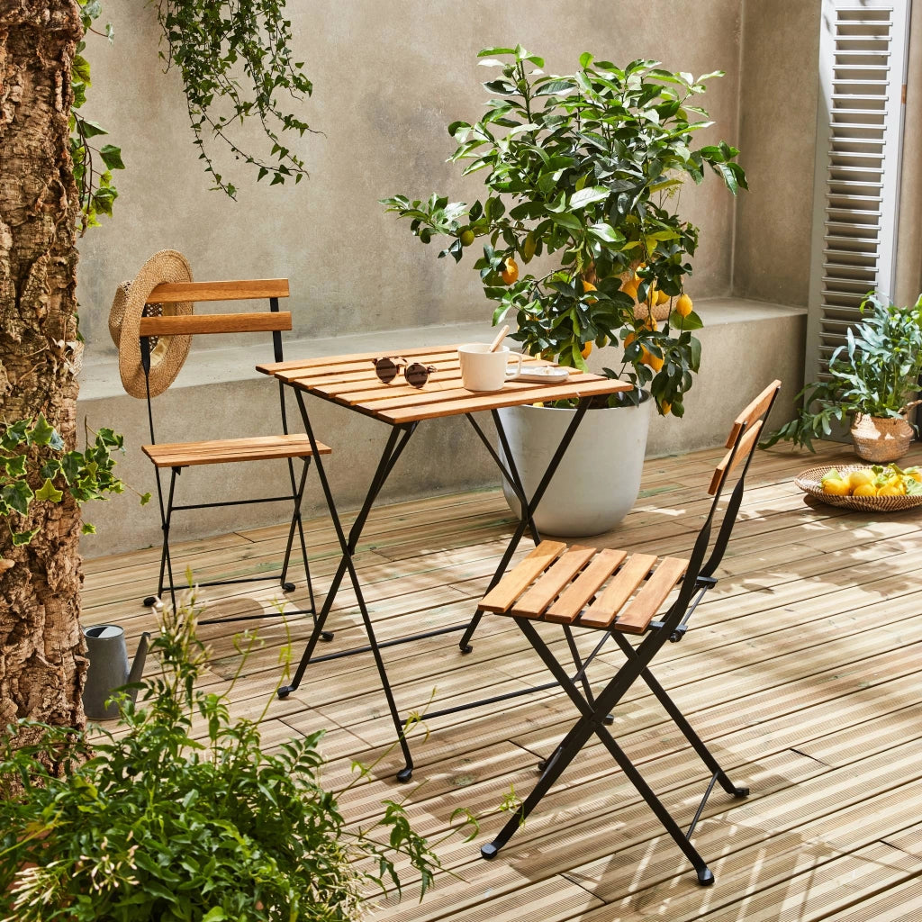 Set tavolo da giardino in legno e metallo con 2 sedie pieghevoli, nero