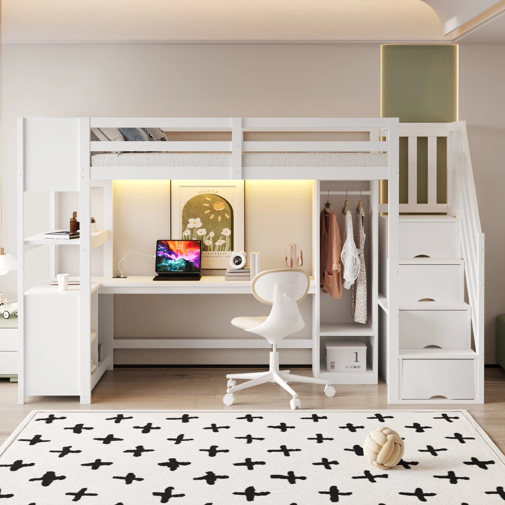 LETTO A CASTELLO MULTIFUNZIONE 90 x 200 cm Bianco con scrivania e armadio