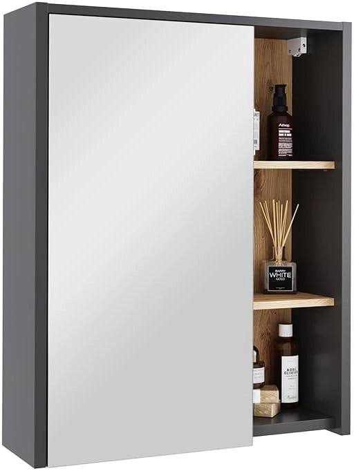 Mobile a specchio per il bagno Viola, Grigio/Artisan, 60 x 75 cm con ripiani aperti