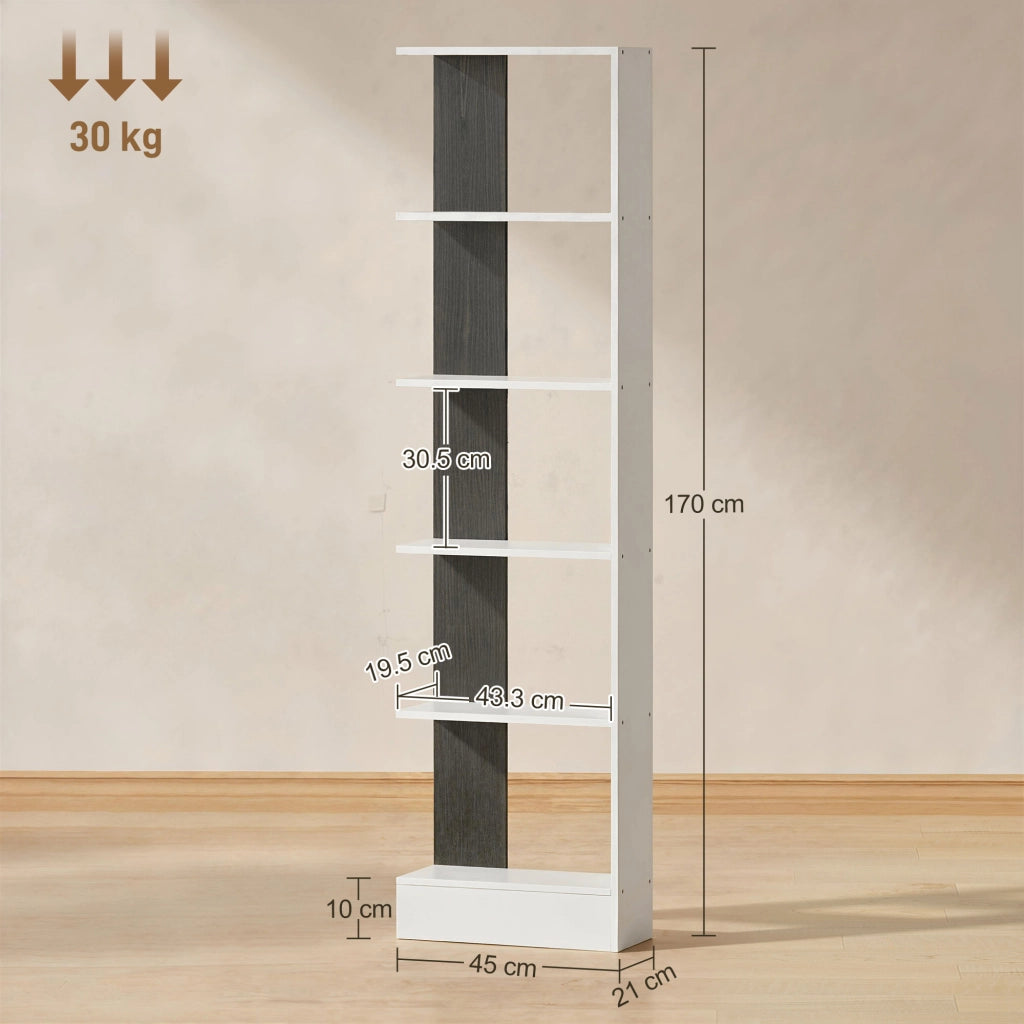 Libreria Moderna Salvaspazio 45x21x170 cm a 5 Ripiani in Legno Bianco e Nero