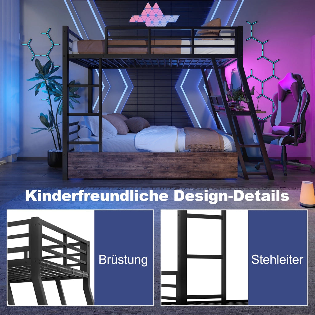 OKWISH Letto a soppalco 90×200 cm, Letto Singolo con LED Regolabile, 2 Cassetti, Scrivania e Scala, senza Materasso, in Metallo, Nero