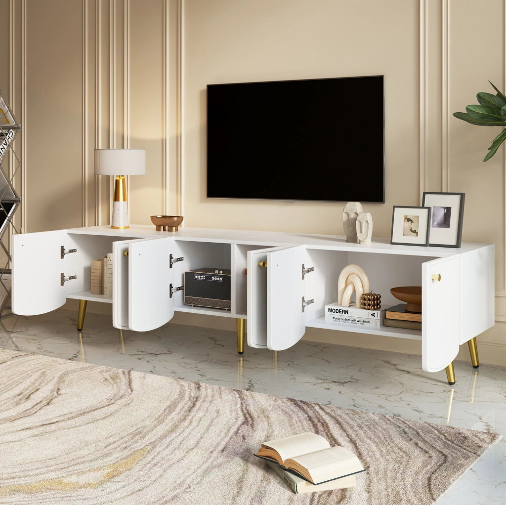 Mobile TV bianco e oro 180 cm con 6 ante e piedi in metallo