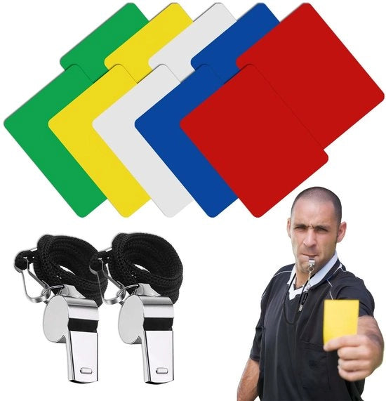 Set di Carte per Arbitri - 2 Set di Carte - 2 Picchetti in Acciaio Inossidabile - Inclusi Carte Rosse/Gialle/Bianche/Verdi/Azzurre - Materiale PVC Sostenibile - Per Eventi Sportivi - Kit Arbitri