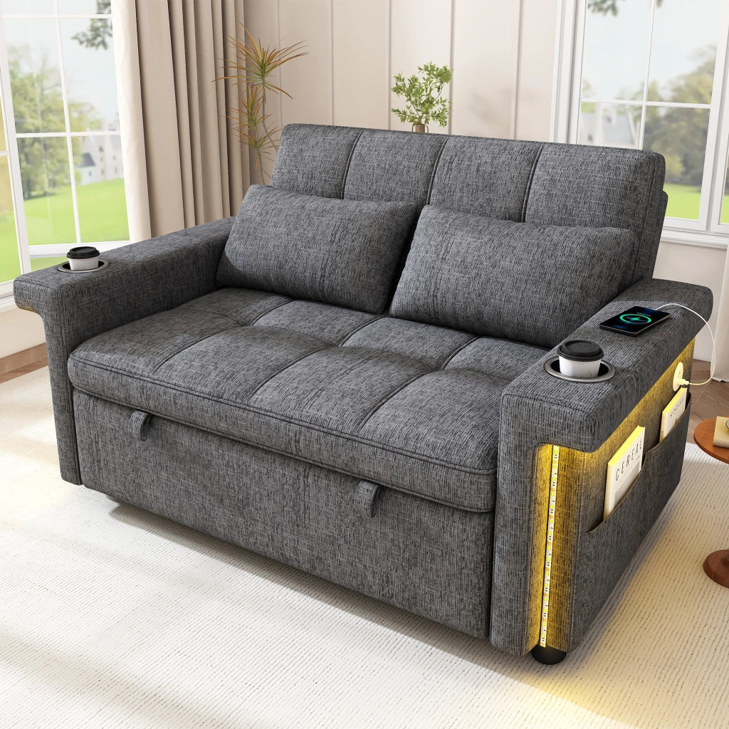 Divano letto 2 posti - con schienale regolabile; LED; USB e portabevande - in chenille grigio