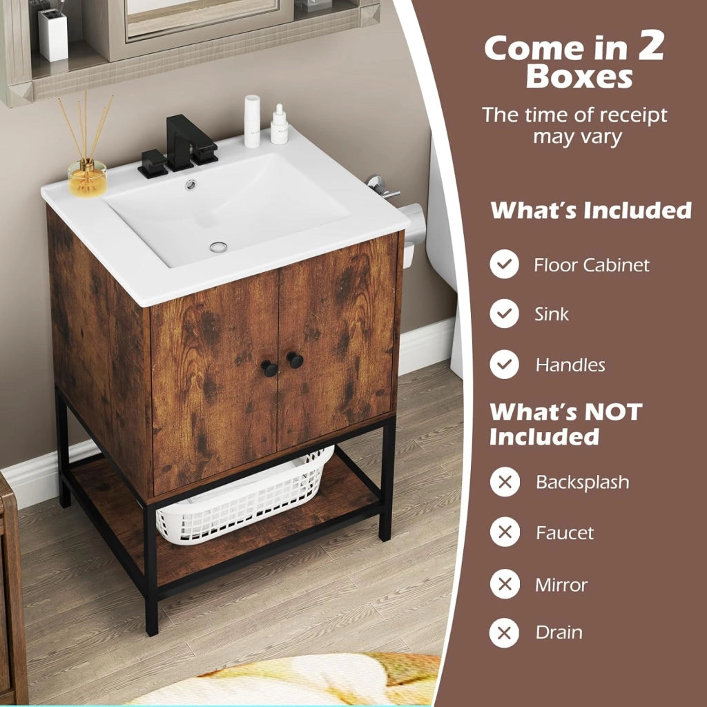 Mobile lavabo con lavello in ceramica, armadietto da bagno con 2 ante e ripiano, 61 x 46,5 x 87 cm, mobiletto per bagno