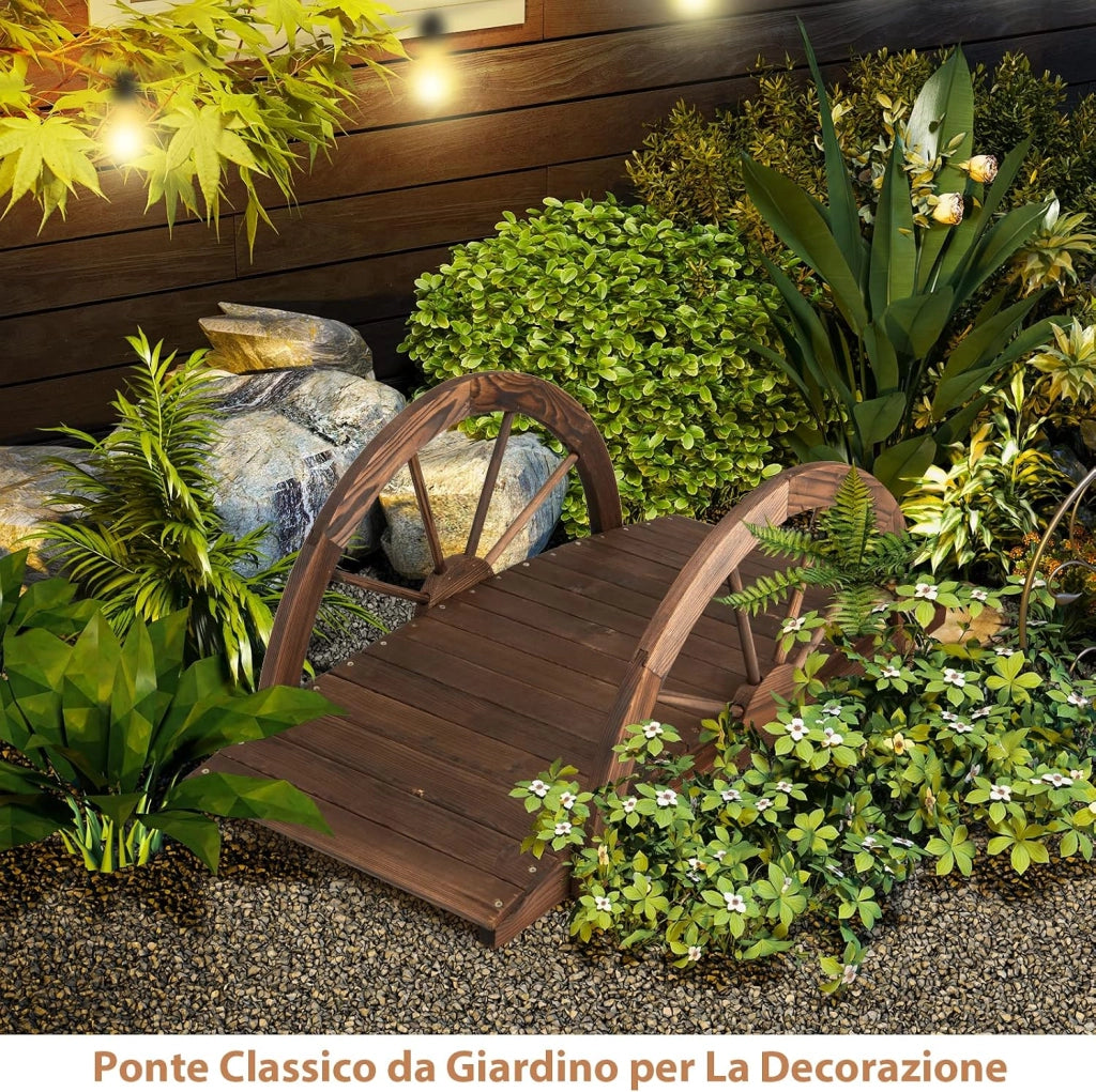 Ponte in Legno da Giardino, Ponte Decorativo per Giardino con Doppia Ringhiera a Mezza Ruota Costruzione, in Legno di Abete, capacità di Carico 75 kg