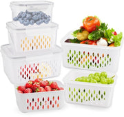 Set di 3 contenitori per alimenti con coperchi e drenaggi - organizzatore della dispensa, 3,3L + 1,75L + 0,85L, doppia lastra, 3 contenitori per drenaggio + 3 contenitori a tenuta di gas, PP, adatto per forno a microonde e frigorifero.