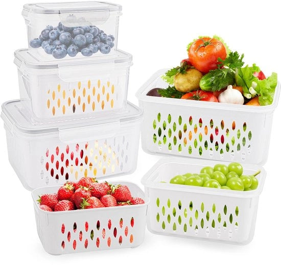 Set di 3 contenitori per alimenti con coperchi e drenaggi - organizzatore della dispensa, 3,3L + 1,75L + 0,85L, doppia lastra, 3 contenitori per drenaggio + 3 contenitori a tenuta di gas, PP, adatto per forno a microonde e frigorifero.